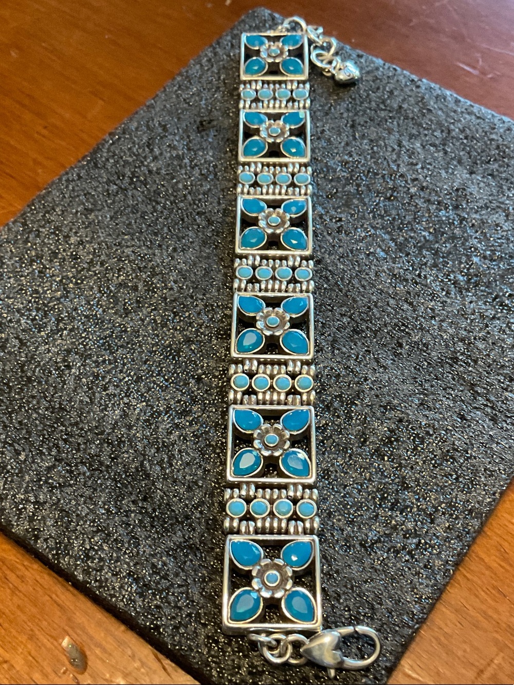 Brighton Turquoise and Silver Plated Floral Link Bracelet 7 to 8 “.